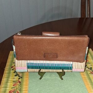 Fossil Tan Leather Wallet with Multicolor Stripes